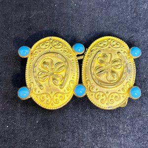 VTG Lucky Horseshoe & 4 Leaf Clover Gold Tone Faux Turquois Belt Buckles (3448)